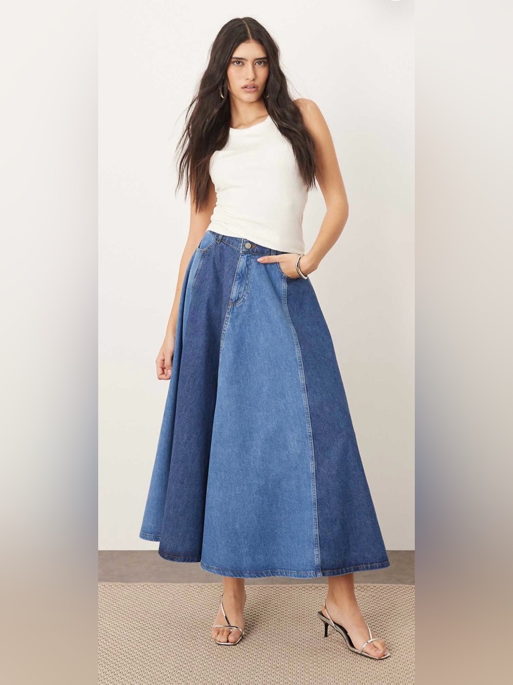 Arrange Denim Panel Maxi Skirt in Blue
